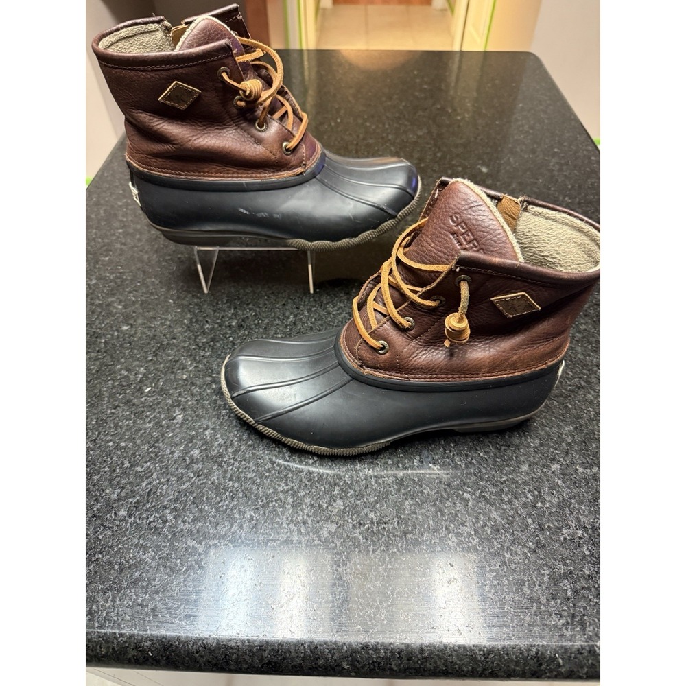 Sperry Saltwater Duck Boots Womens 6.5 Brown Navy Waterproof Side Zip 61858